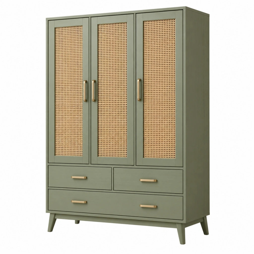 Szafa 120 x 45 x 190 cm zielona z plecionką rattanową w stylu retro