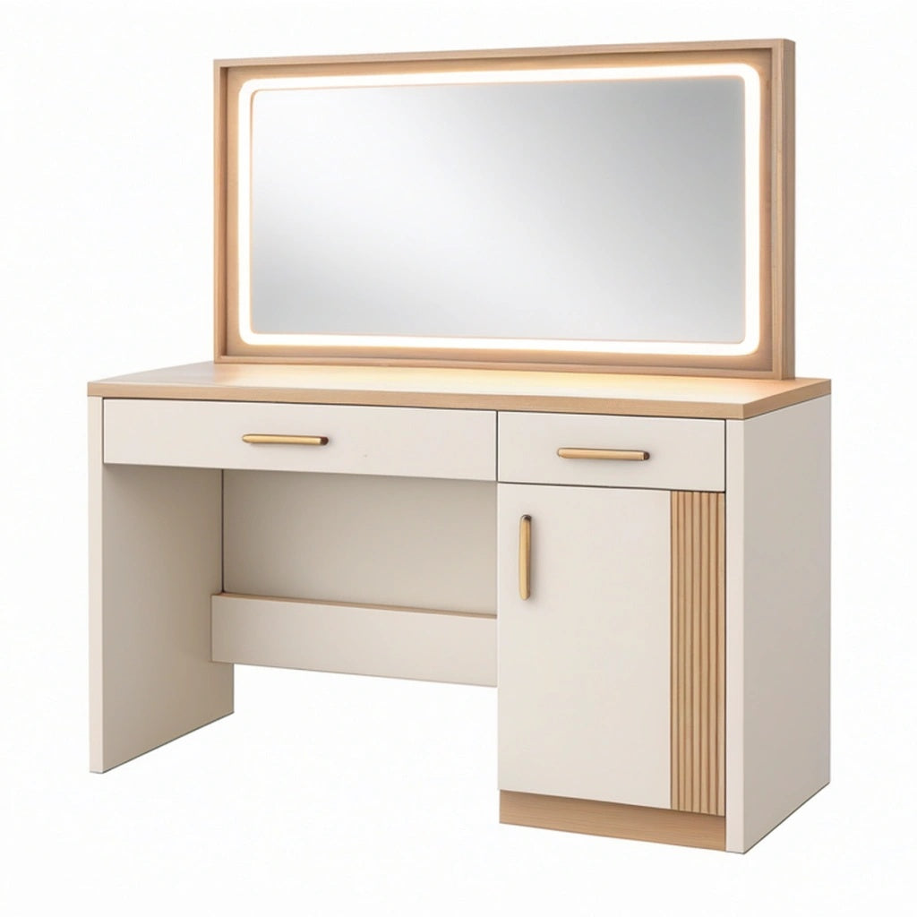 Toaletka 100 x 45 x 140 cm z lustrem LED biała i jasnodrewniana do sypialni