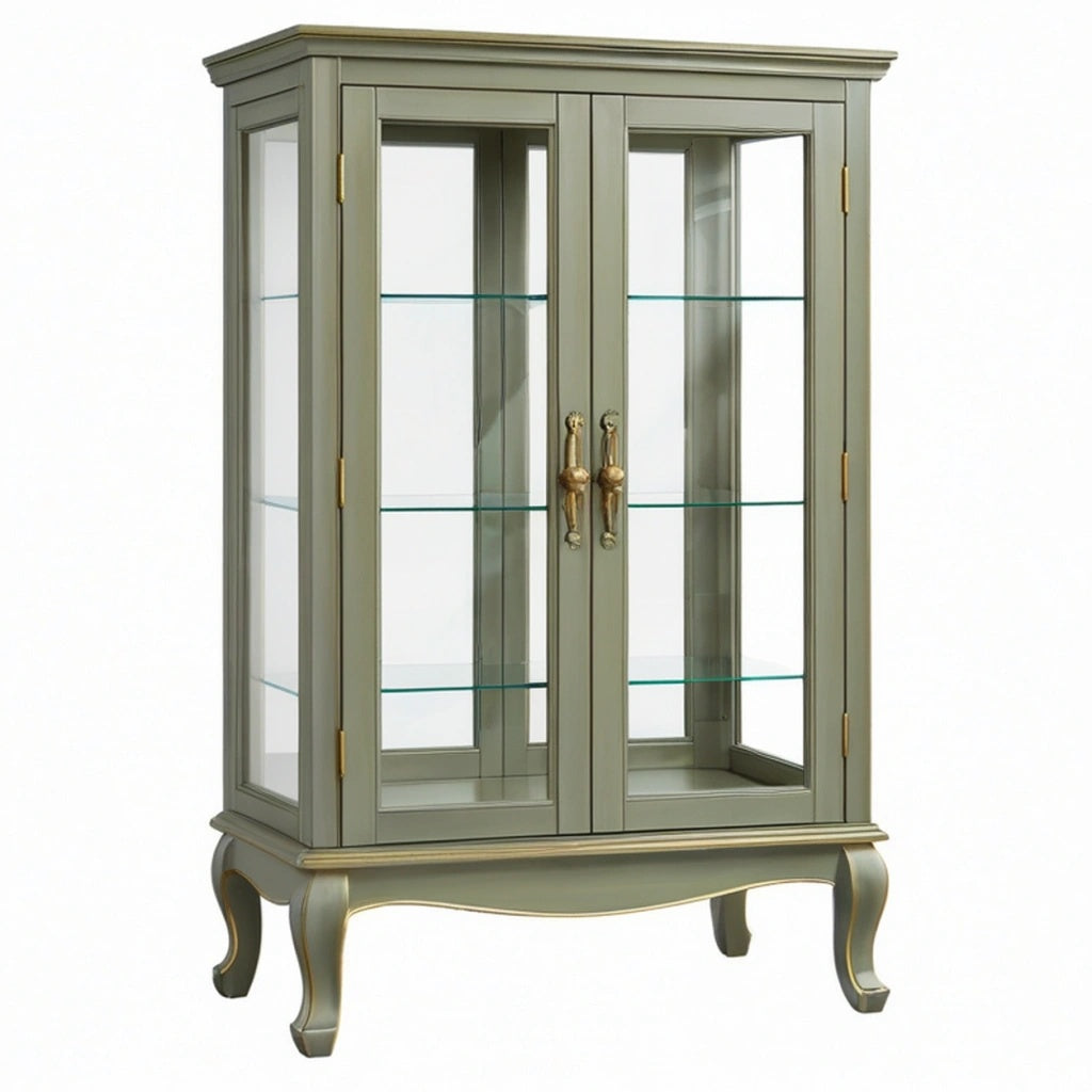 Witryna szklana 90 x 40 x 180 cm drewniana szarozielona w stylu klasycznym
