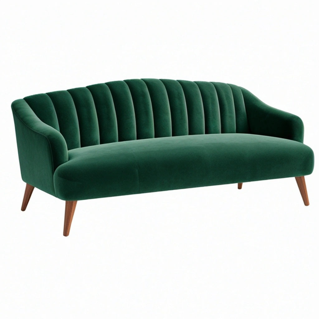 Sofa dwuosobowa 160 x 80 x 85 cm z zielonego aksamitu na drewnianych nogach w stylu retro