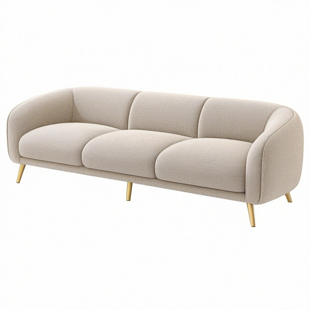 Sofa trzyosobowa 220 cm z tapicerką tekstylną beżowa do salonu - zaokrąglona nowoczesna