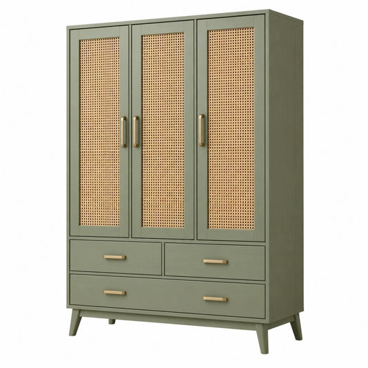 Szafa 120 x 45 x 190 cm zielona z plecionką rattanową w stylu retro