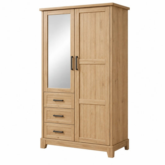 Szafa 100 x 55 x 200 cm z drewna w kolorze naturalnego dębu z lustrem i szufladami