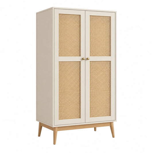 Szafa 90 x 45 x 180 cm beżowa z plecionką rattanową w stylu boho