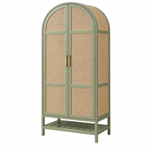 Szafa 90 x 45 x 180 cm z drewna i rattanu zielona w stylu boho