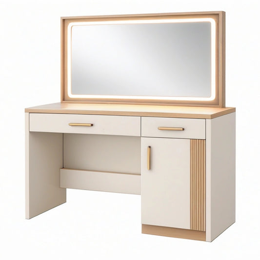 Toaletka 100 x 45 x 140 cm z lustrem LED biała i jasnodrewniana do sypialni