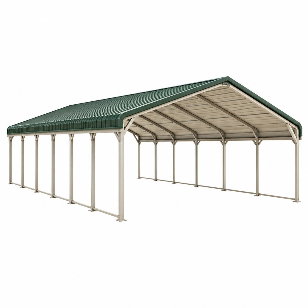 Wiata samochodowa 600 x 500 x 300 cm stalowa zielona z dachem dwuspadowym
